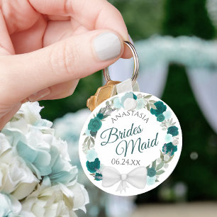 Porte-clés Bridesmaid Elegant Teal Floral Wreath Wedding