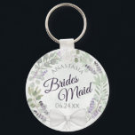 Porte-clés Bridesmaid Eucalyptus & Lavender Wreath Wedding<br><div class="desc">These keychains are designed to give as favors to bridesmaids in your wedding party. They feature a rustic hand painted watercolor design with a wreath of eucalyptus leaves and lavender flowers in shades of purple, mint, moss, and sage green. The text is written in elegant script letters, and there is...</div>