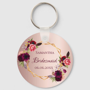 Porte-clés Bridesmaid rose or aquarelle fleurons bordeaux