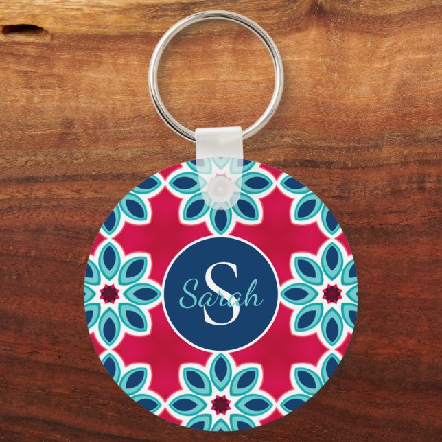 Porte-clés Bright Red and Blue Modern Geometric Personalised (Recto)