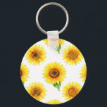 Porte-clés Bright Sunflower Watercolor Seamless Pattern<br><div class="desc">Radiant joy in full bloom! This cheerful,  hand-painted watercolor pattern bursts with large,  golden sunflowers against crisp white,  each bloom detailed with warm amber centers,  soft petals,  and fresh green leaves. A timeless,  uplifting floral design that brings instant summer happiness and sunshine vibes.</div>