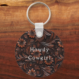 Porte-clés Brown Faux Cuir Cowgirl Floral