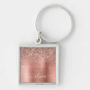 Porte-clés Brushed metal rose Gold Pink Glitter Monogram