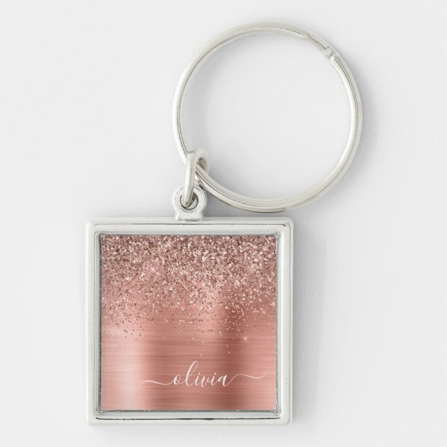 Porte-clés Brushed metal rose Gold Pink Glitter Monogram (Devant)