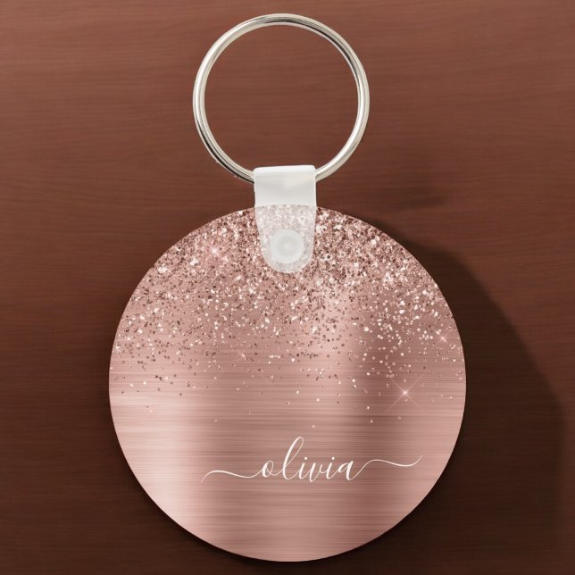 Porte-clés Brushed metal rose Gold Pink Glitter Monogram (Créateur téléchargé)