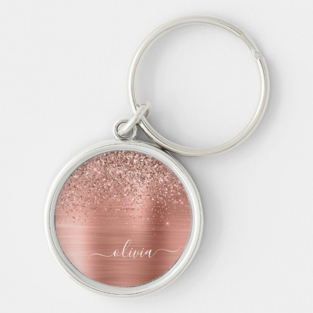 Porte-clés Brushed metal rose Gold Pink Glitter Monogram (Devant)
