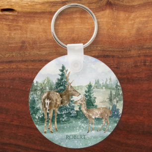 Porte-clés Buck Doe Forêt de neige Scène d'hiver Monogramme