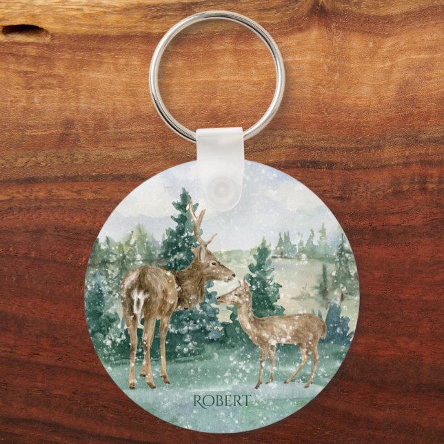 Porte-clés Buck Doe Forêt de neige Scène d'hiver Monogramme (Recto)