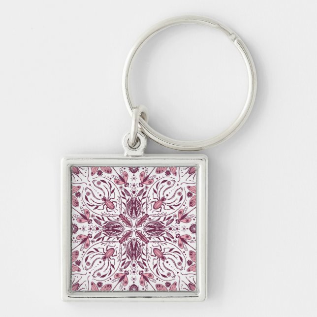 Porte-clés Buissons, magenta foncé et rose sur blanc (Devant)
