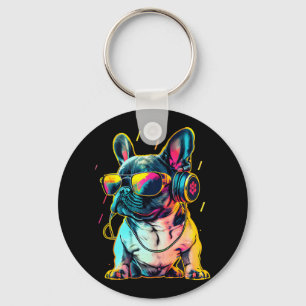 Porte-clés Bulldog français Rétrowave avec casque et Sungl
