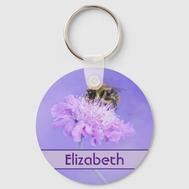 Porte-clés Bumble Bee perché sur une fleur rose Personnalisé (Recto)