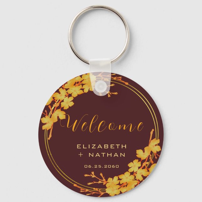 Porte-clés Burgundy Classy & Gold Floral Mariage Bienvenue (Recto)