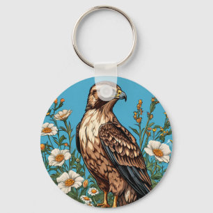Porte-clés Buse commune Oiseau parmi les fleurs épanouies