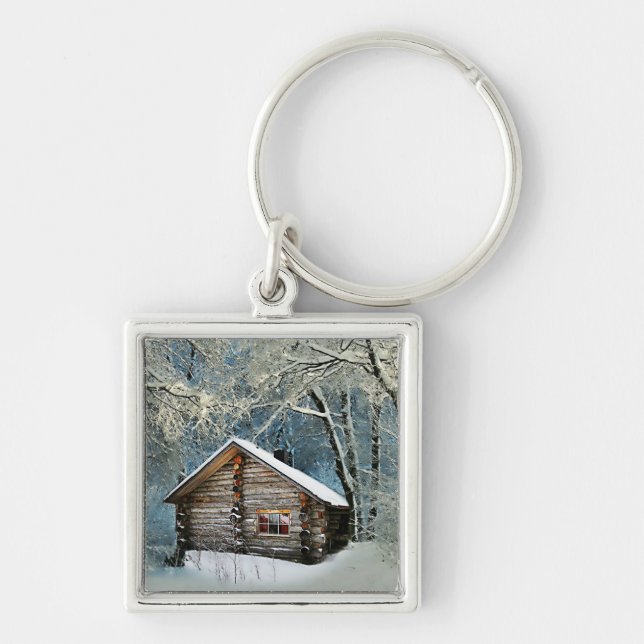 Porte-clés Cabane en rondins rustique magie d'hiver (Devant)