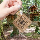 Porte-clés Cabin Family Name Rustic Wood Forest Trees<br><div class="desc">Create a personalized family cabin keychain featuring a rustic, country wood plank design with forest pine trees and NAME FAMILY CABIN and year established date or other text in brown. ASSISTANCE: For help with design modification or personalization, transferring the design to another product or if you would like coordinating items,...</div>