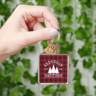 Porte-clés Cabine Red Buffalo Plaid Nom de famille Carré
