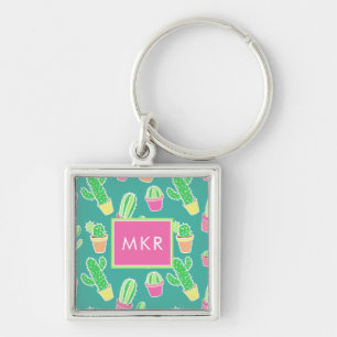 Porte-clés Cactus au néon d'aquarelle dans le motif de pots