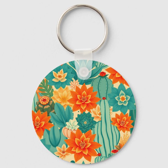 Porte-clés Cactus fleuri désert orange sarcelle (Recto)
