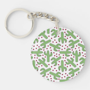 Porte-clés Cactus illustré et motif de fleurs rose