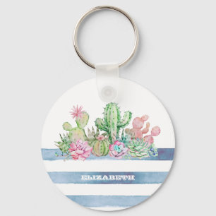 Porte-clés Cactus Succulent Fleurs Rayures Aquarelle 