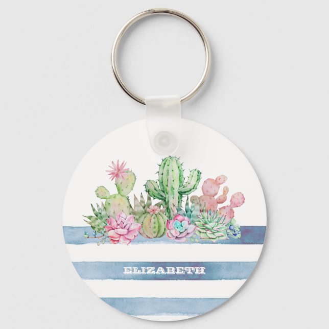Porte-clés Cactus Succulent Fleurs Rayures Aquarelle  (Recto)