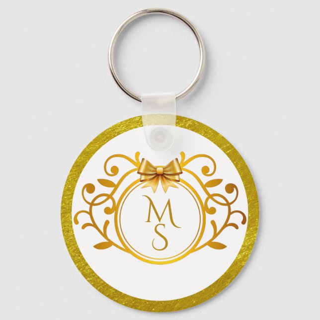 Porte-clés Cadeau de mariage élégant avec monogramme et feuil (Recto)