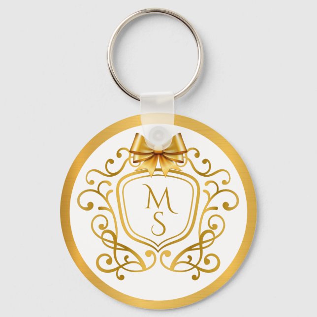 Porte-clés Cadeau de mariage élégant avec monogramme et feuil (Recto)