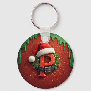 Porte-clés Cadeau de Noël Monogramme P avec chapeau de Père N