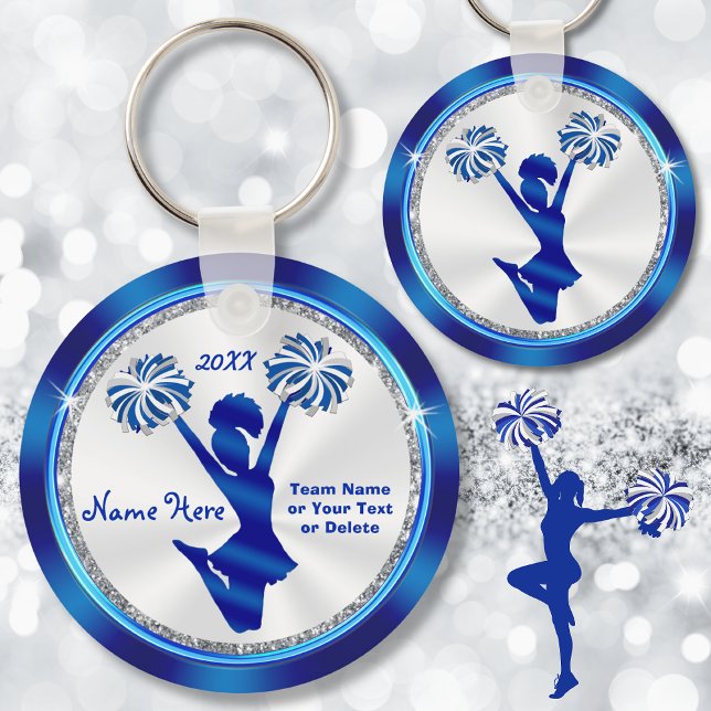 Porte-clés Cadeaux personnalisés bleu et blanc de moins de 5  (Cheerleading banquet ideas. Cheerleader party Favors. Personalized cheerleading keychains.)