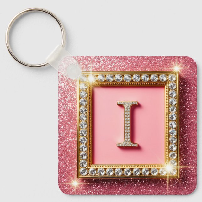 Porte-clés Cadre Doré Initiale Diamant I Monogramme Paillette (Recto)