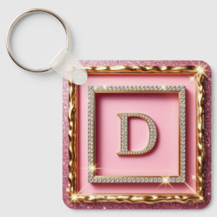Porte-clés Cadre Doré Monogramme Diamant D Paillettes Roses