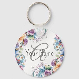 Porte-clés Cadre floral coloré avec monogramme élégant modern