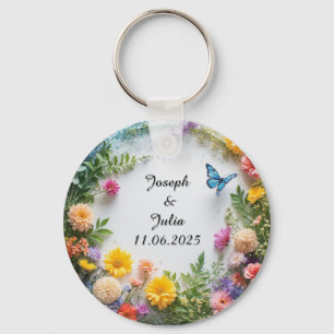 Porte-clés Cadre floral coloré avec papillon bleu