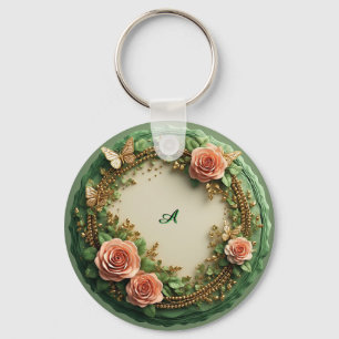 Porte-clés Cadre floral vert élégant avec roses roses