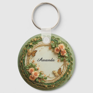 Porte-clés Cadre floral vert élégant avec roses roses