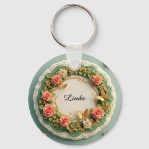 Porte-clés Cadre floral vert élégant avec roses roses