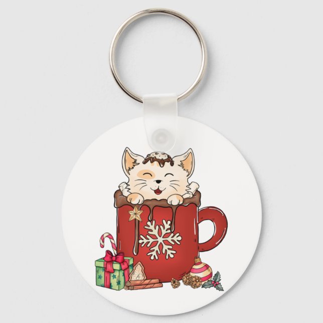 Porte-clés Café chocolat de Noël en chats mignons (Recto)