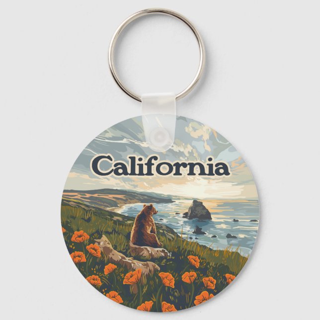 Porte-clés Californie Bear Poppies Fleurs Côte Retro (Recto)