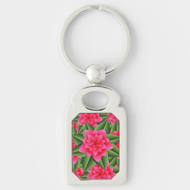 Porte-clés Camélias rose corail et feuilles vertes (Devant)