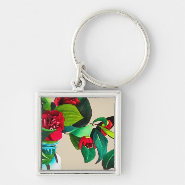 Porte-clés Camellias rouge avec fleur d'aquarelle de feuillag (Devant)