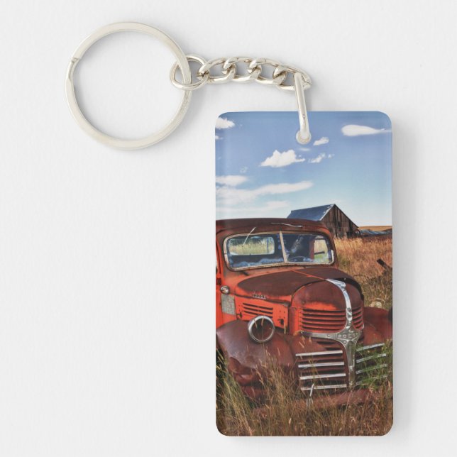 Porte-clés Camion Dodge orange rouillé avec ferme abandonnée (Devant)