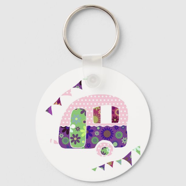 Porte-clés Camionnette shabby chic, caravane avec fanions (Recto)