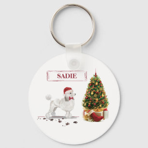 Porte-clés Caniche blanc chien de Noël drôle avec arbre