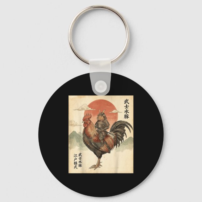 Porte-clés Capybara Coq Samouraï Japonais Vintage  (Recto)