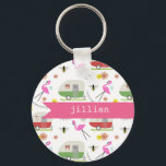 Porte-clés Caravanes Retro et Flamingos<br><div class="desc">This product feesta pattern which incorporates illustrations of retro vintage inspecred camper trailers,  pink flamingos,  bees,  and flowers.</div>