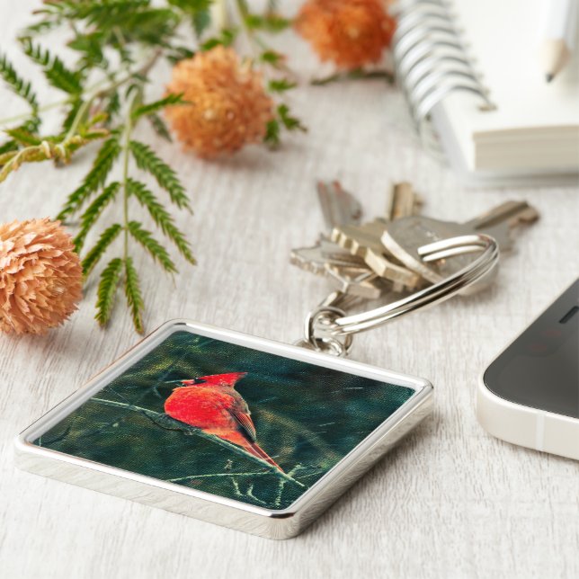 Porte-clés Cardinal d'hiver en tempête de neige - Amélioré (Côté)