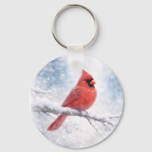 Porte-clés Cardinal Rouge Aquarelle d'Hiver