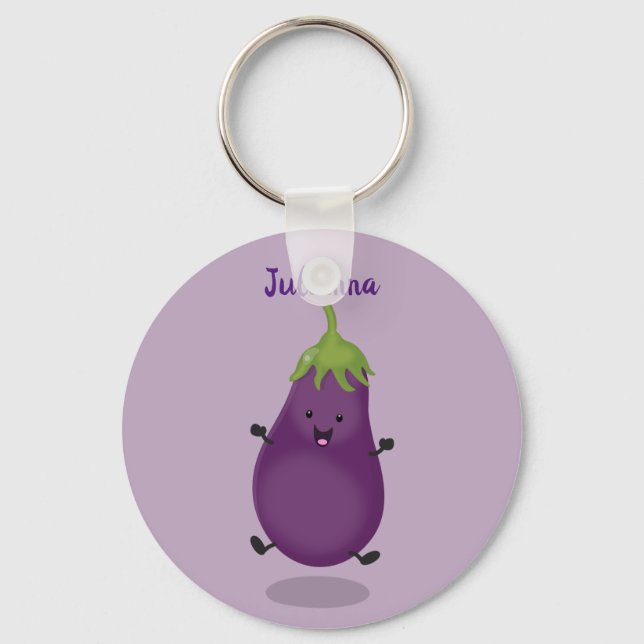 Porte-clés Caricature d'aubergine d'aubergine joliment heureu (Recto)