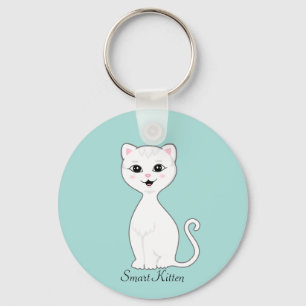 Porte-clés Caricature mignon blanc Kitten sur bleu clair