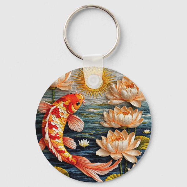 Porte-clés Carpe Koï Entourée de Fleurs de Lotus (Recto)